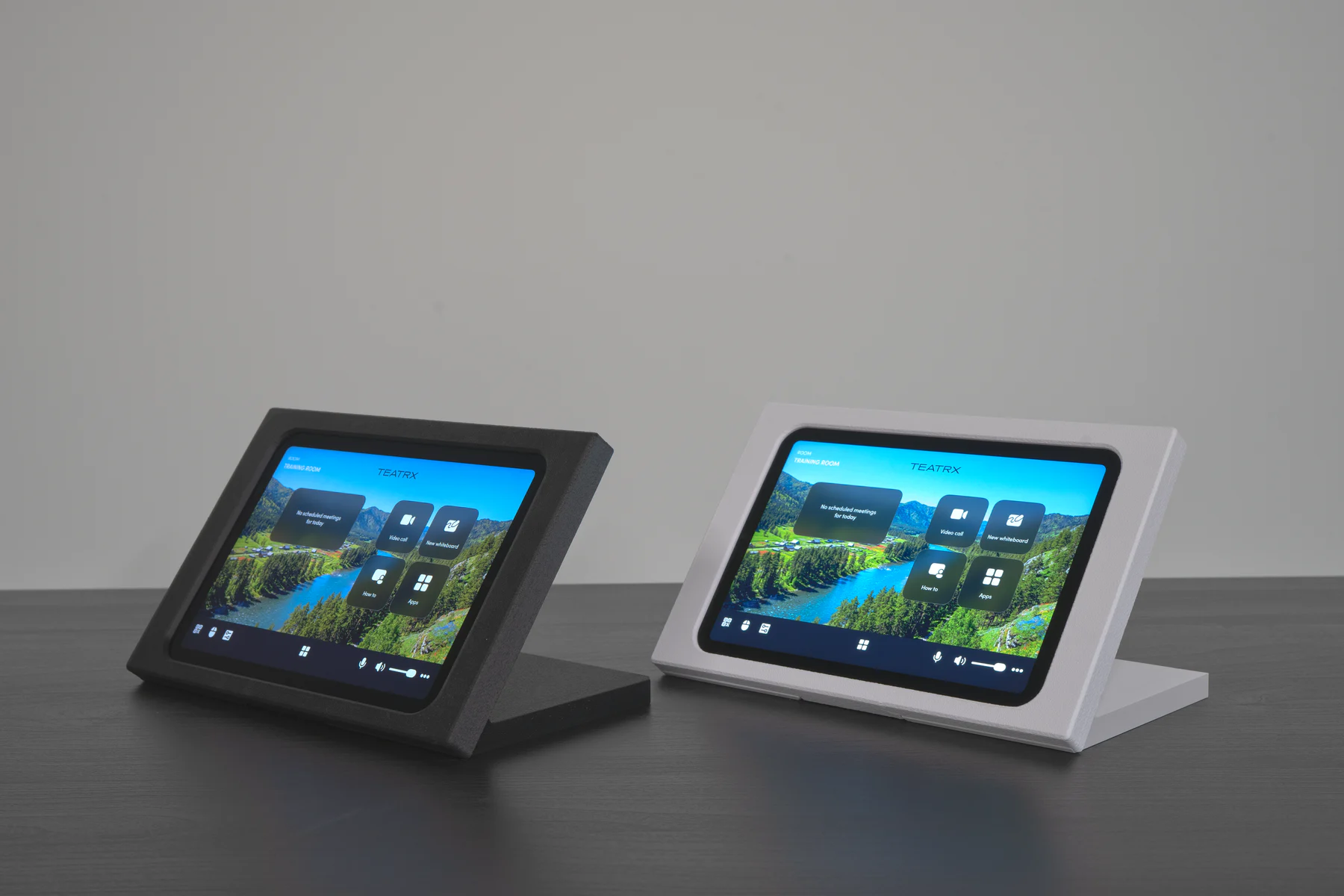 Black and white iPad Mini Table Stands shown at an angle